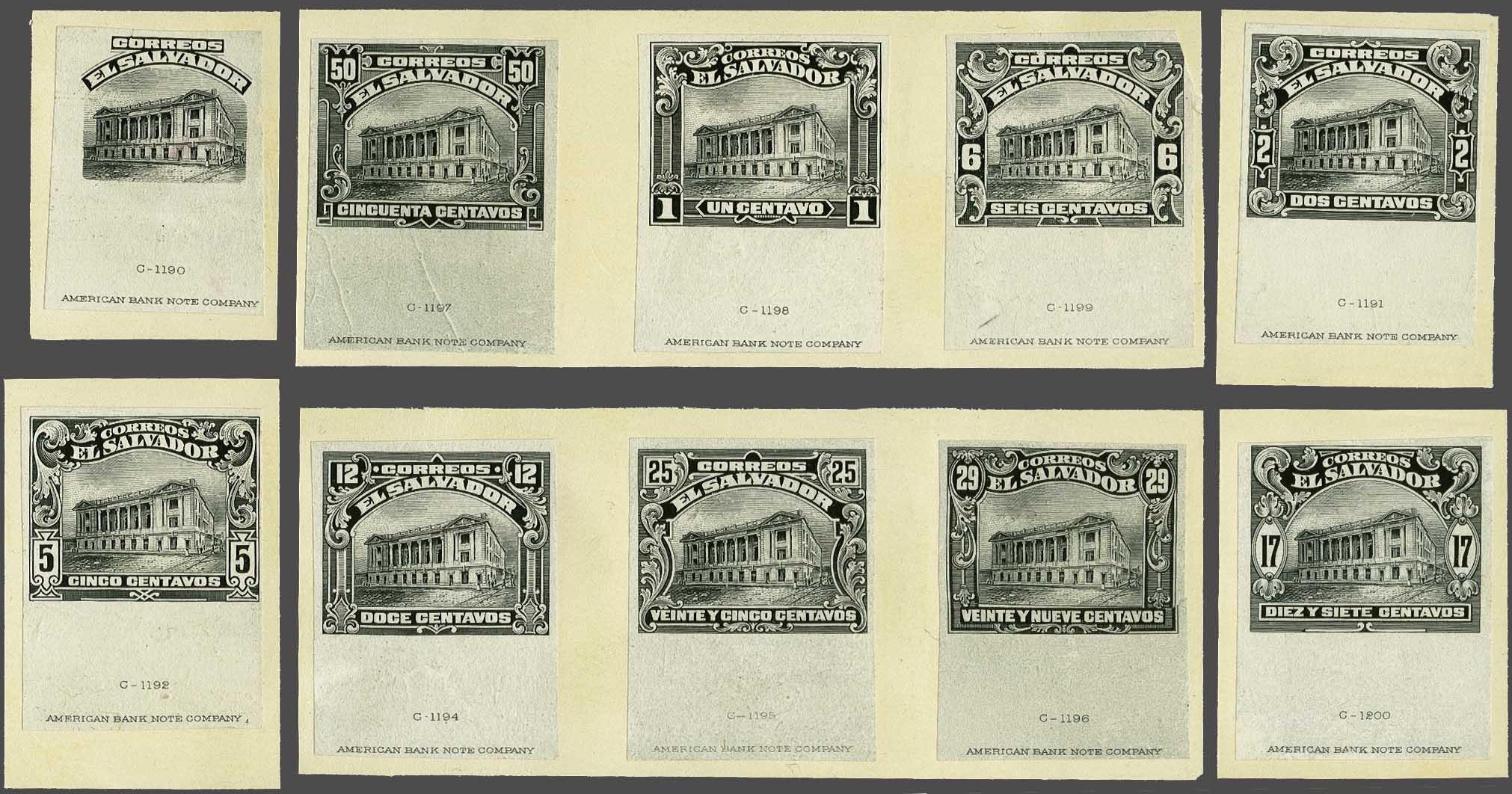 sellos timbres-poste Briefmarken stamps El Salvador ABN Co Proof Stamps on India Paper surcharged Tram Trolley Tranvia National Theatre teatro nacional 
